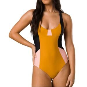 PrAna Tulum One Piece Deep Solstice Colorblock Black Gold Pink Vacation SPF